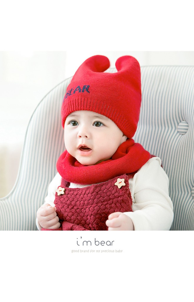 เซ็ตหมวกไหมพรมหูตั้ง อักษร I M BEAR มาพร้อมผ้าสวมคอ GZMM