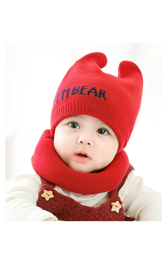 เซ็ตหมวกไหมพรมหูตั้ง อักษร I M BEAR มาพร้อมผ้าสวมคอ GZMM