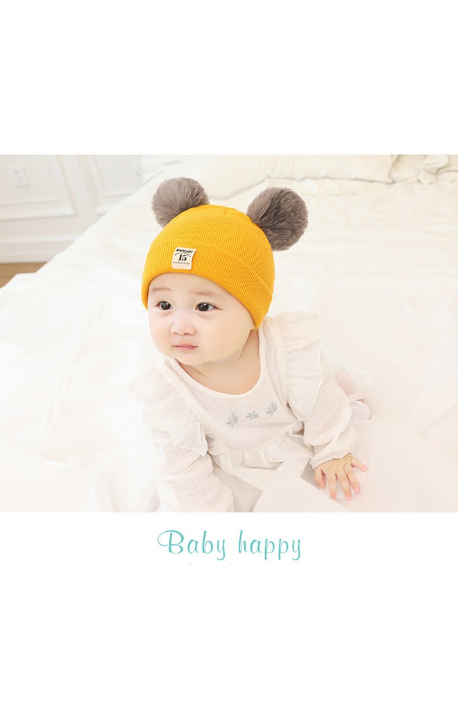 หมวกไหมพรมพับขอบแต่งปอมปอมขนมิ้ง