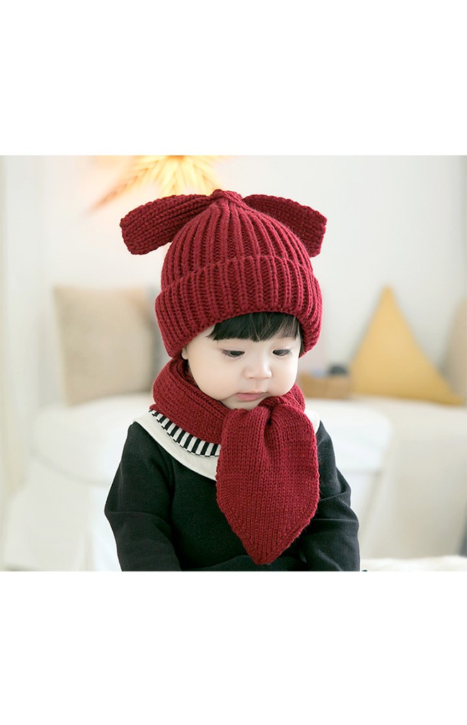 เซ็ตหมวกไหมด้านบนสายผูกยาวน่ารัก พร้อมผ้าพันคอ GZMM
