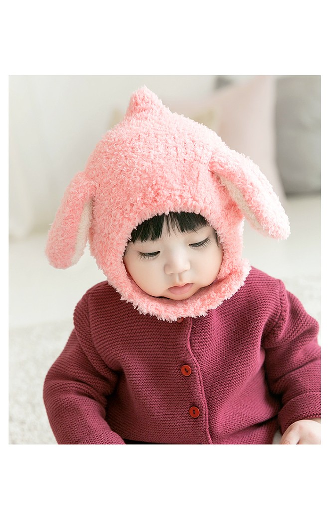 หมวกกันหนาวไหมพรมฟูนุ่มๆ หูยาว สายคล้องติดกระดุมใต้คาง GZMM