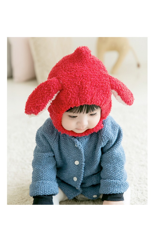 หมวกกันหนาวไหมพรมฟูนุ่มๆ หูยาว สายคล้องติดกระดุมใต้คาง GZMM