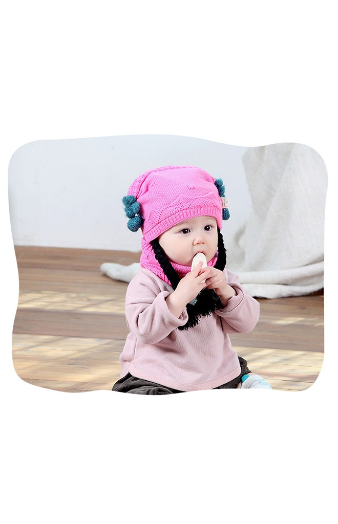 หมวกไหมพรมเปียแต่งดอกไม้ข้างน่ารัก
