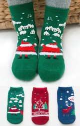 ถุงเท้าเด็กเซ็ตปีใหม่(C027) แบบหนาแพ็ค 3 คู่ สีเขียว แดง และ น้ำเงิน