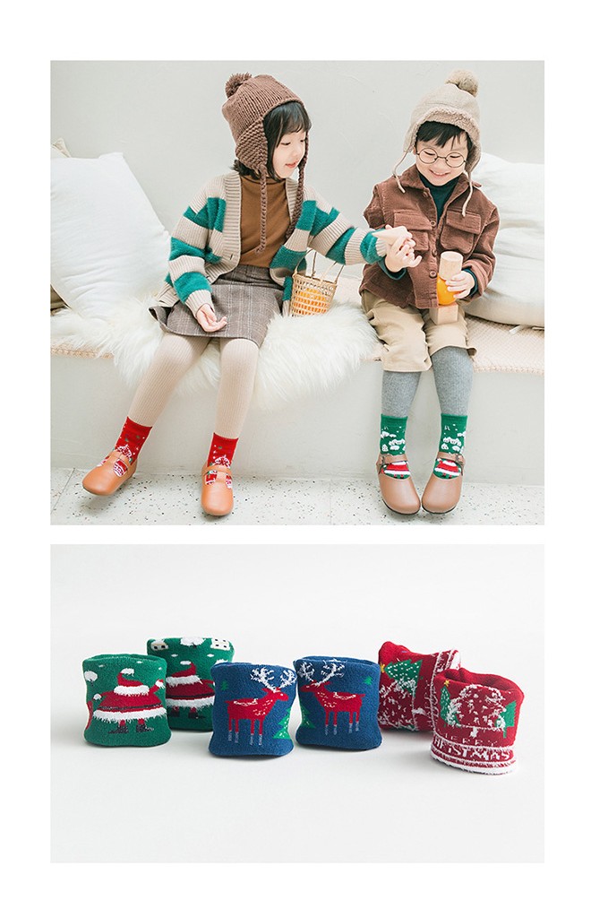 ถุงเท้าเด็กเซ็ตปีใหม่(C027) แบบหนาแพ็ค 3 คู่ สีเขียว แดง และ น้ำเงิน