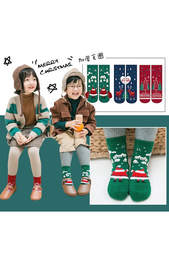 ถุงเท้าเด็กเซ็ตปีใหม่(C027) แบบหนาแพ็ค 3 คู่ สีเขียว แดง และ น้ำเงิน