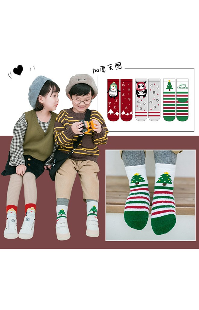 ถุงเท้าเด็กเซ็ตปีใหม่(C028) แบบหนาแพ็ค 3 คู่ สี แดง เทา และ เขียว