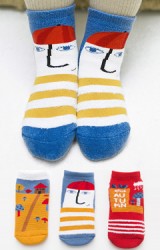 ถุงเท้าเด็กน่ารัก(C034) แบบหนาแพ็ค 3 คู่  โทนแดง-เหลือง-น้ำเงิน