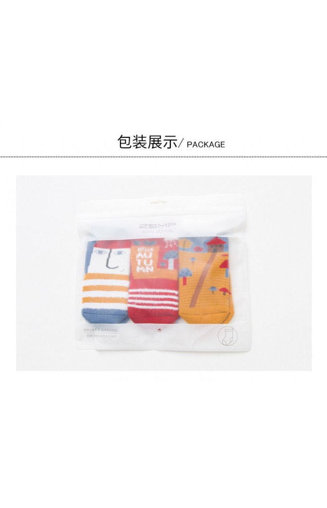 ถุงเท้าเด็กน่ารัก(C034) แบบหนาแพ็ค 3 คู่ โทนแดง-เหลือง-น้ำเงิน