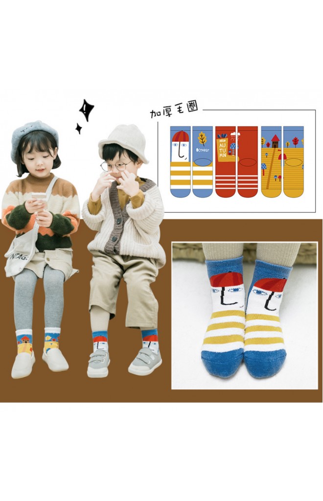ถุงเท้าเด็กน่ารัก(C034) แบบหนาแพ็ค 3 คู่ โทนแดง-เหลือง-น้ำเงิน
