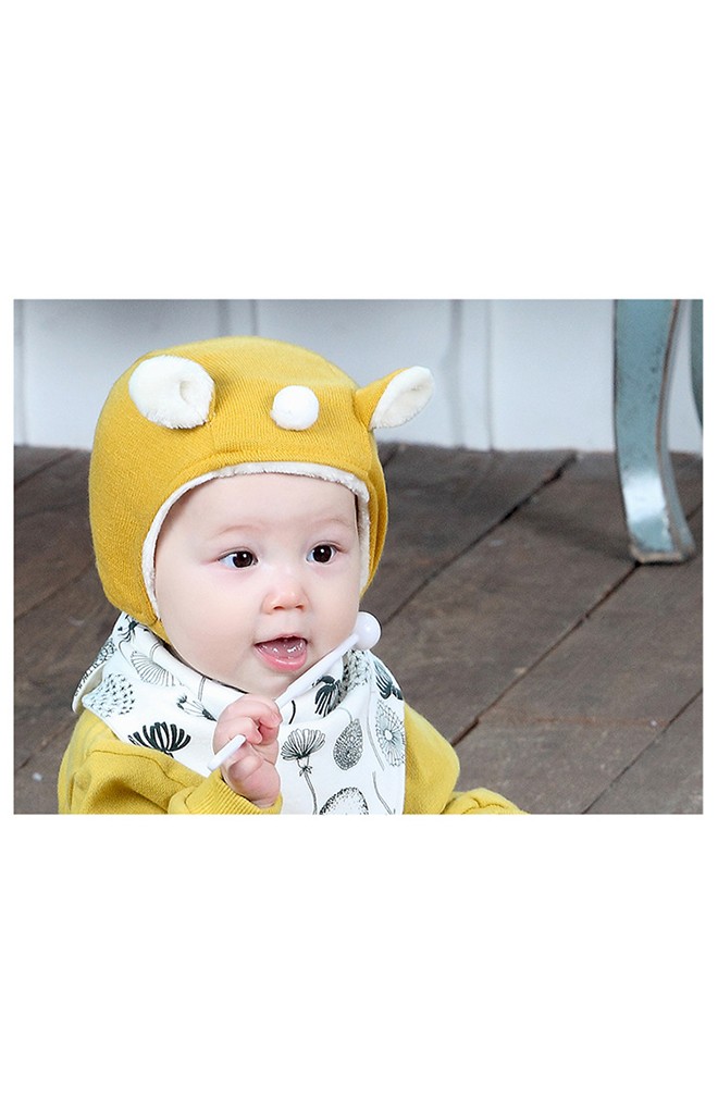 หมวกบอนเนตแต่งหู ด้านหน้าแต่งปอมขาวน่ารัก
