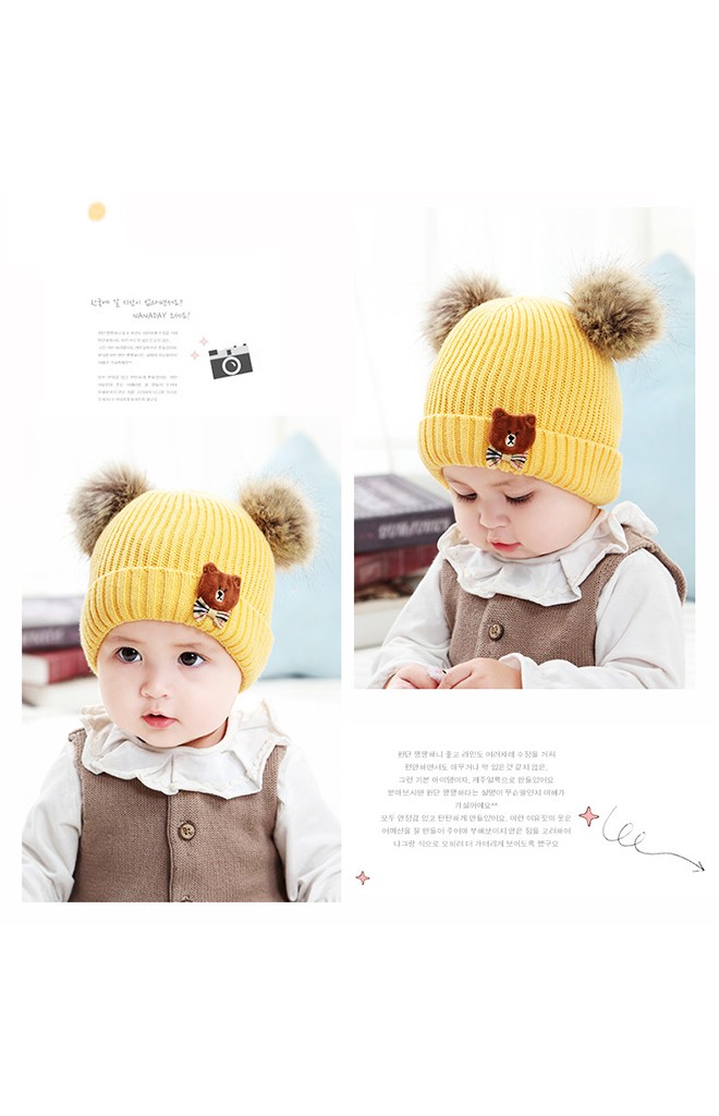 หมวกไหมพรมแต่งหมีน้อยผูกโบว์น่ารัก ด้านบนปอมขนมิ้ง