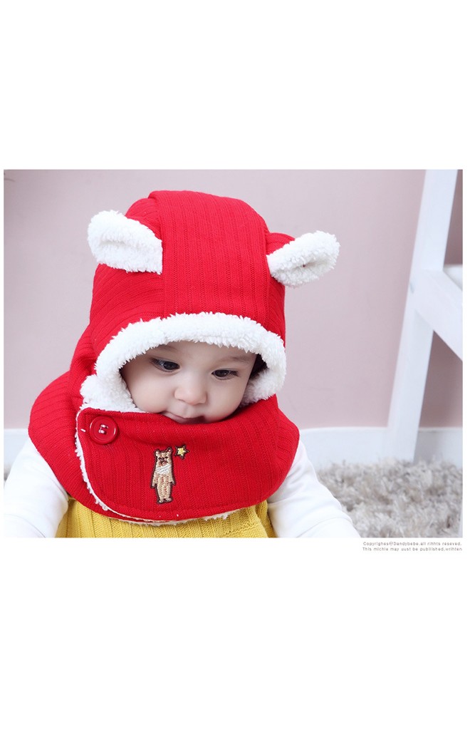 หมวกกันหนาวหมีน้อยผ้าพันคอในตัวซับผ้าขน