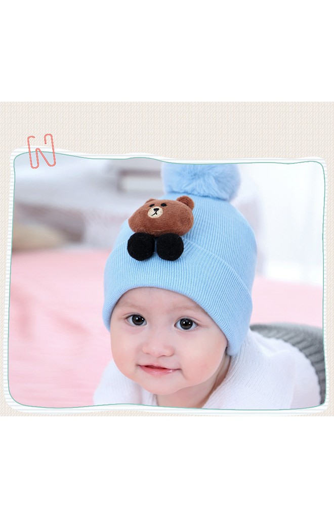 หมวกไหมพรมเด็กแต่งหมีน้ำตาลด้านบนปอมๆ ขนมิ้ง (เฉพาะหมวก)