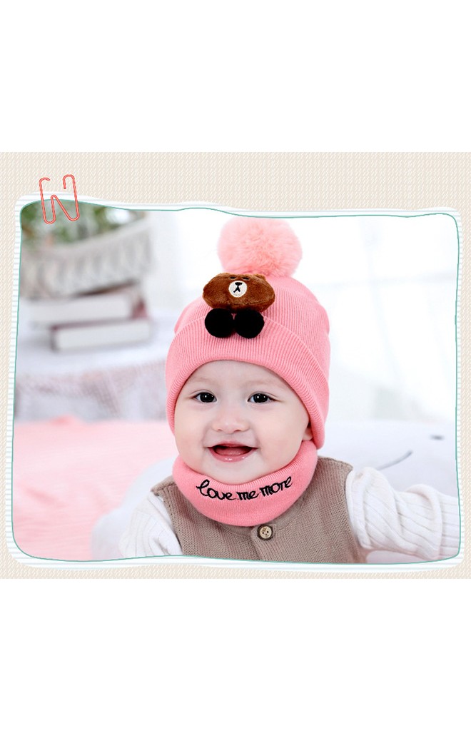 หมวกไหมพรมเด็กแต่งหมีน้ำตาลด้านบนปอมๆ ขนมิ้ง (เฉพาะหมวก)