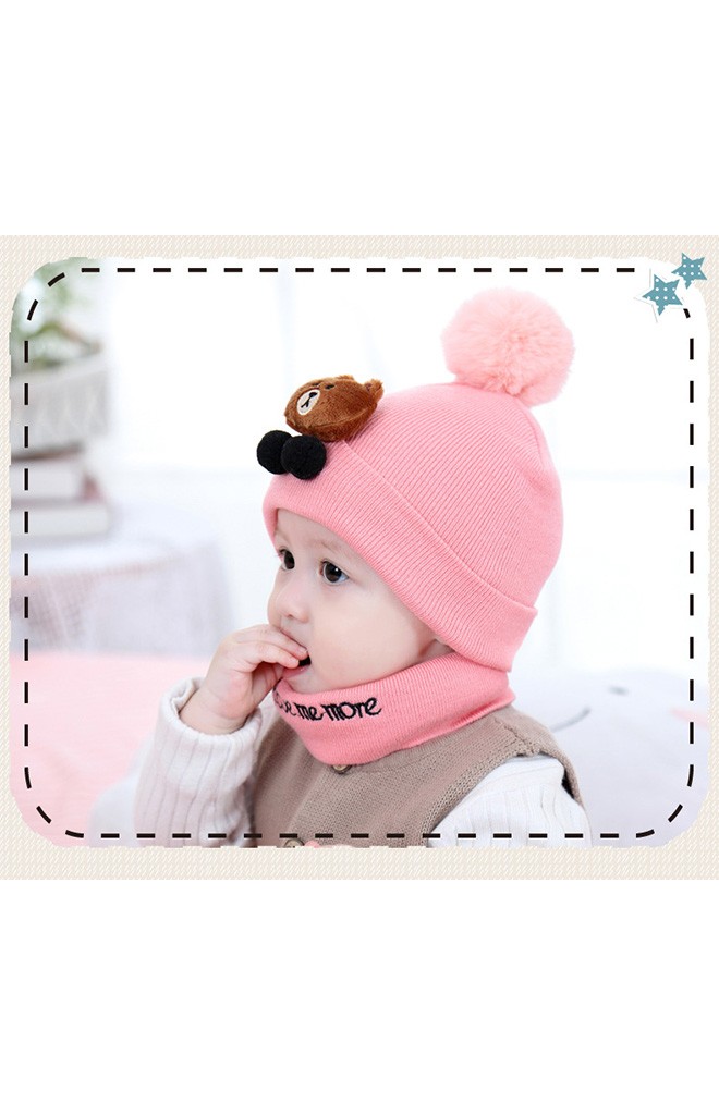 หมวกไหมพรมเด็กแต่งหมีน้ำตาลด้านบนปอมๆ ขนมิ้ง (เฉพาะหมวก)