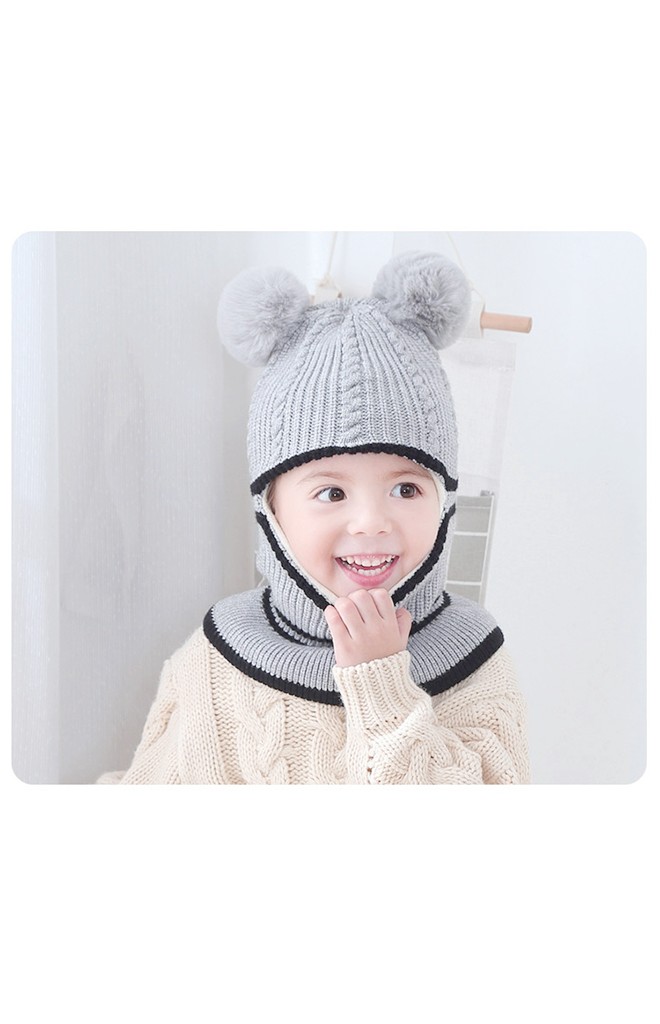 หมวกโม่งเด็กแต่งปอมแบบคลุมหัวเปิดหน้าพร้อมเป็นผ้าพันคอ