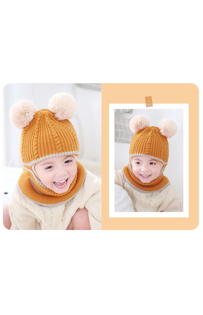 หมวกโม่งเด็กแต่งปอมแบบคลุมหัวเปิดหน้าพร้อมเป็นผ้าพันคอ