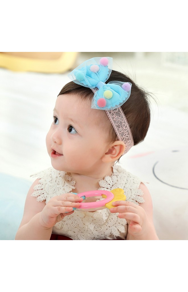 สายคาดผมโบว์แต่งลูกบอลหลากสี สายลูกไม้ยืด