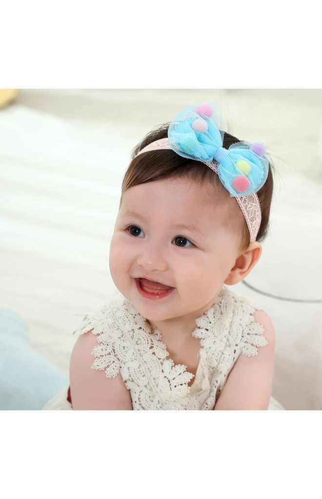 สายคาดผมโบว์แต่งลูกบอลหลากสี สายลูกไม้ยืด