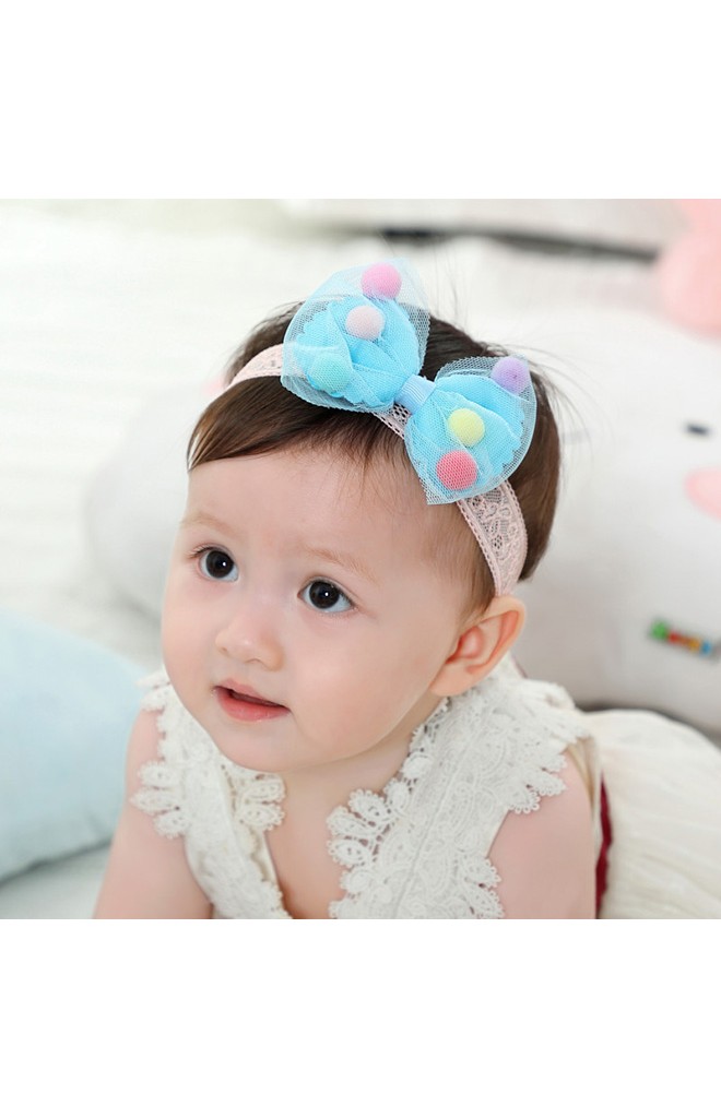 สายคาดผมโบว์แต่งลูกบอลหลากสี สายลูกไม้ยืด
