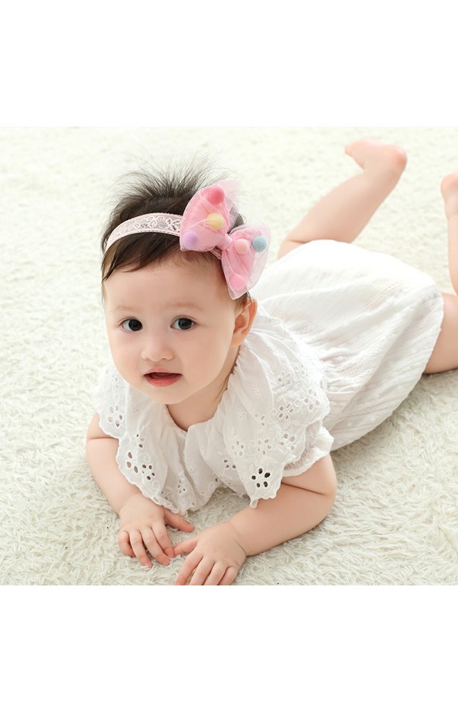 สายคาดผมโบว์แต่งลูกบอลหลากสี สายลูกไม้ยืด