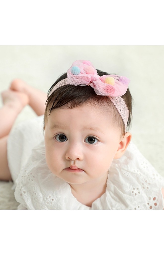 สายคาดผมโบว์แต่งลูกบอลหลากสี สายลูกไม้ยืด