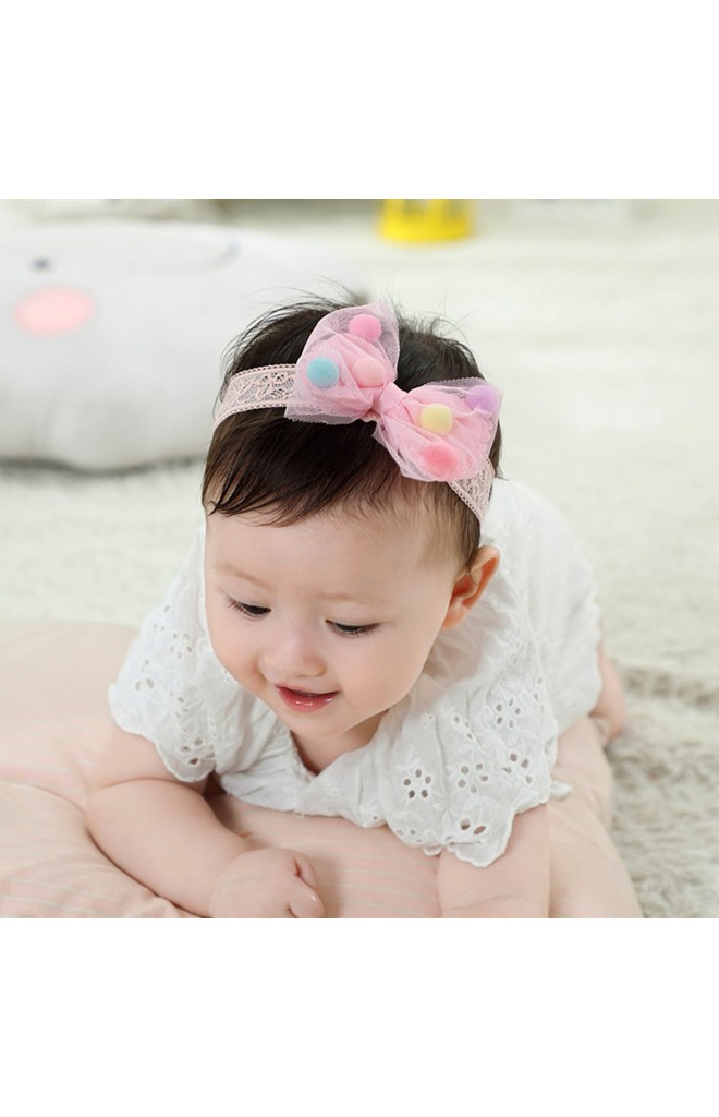 สายคาดผมโบว์แต่งลูกบอลหลากสี สายลูกไม้ยืด