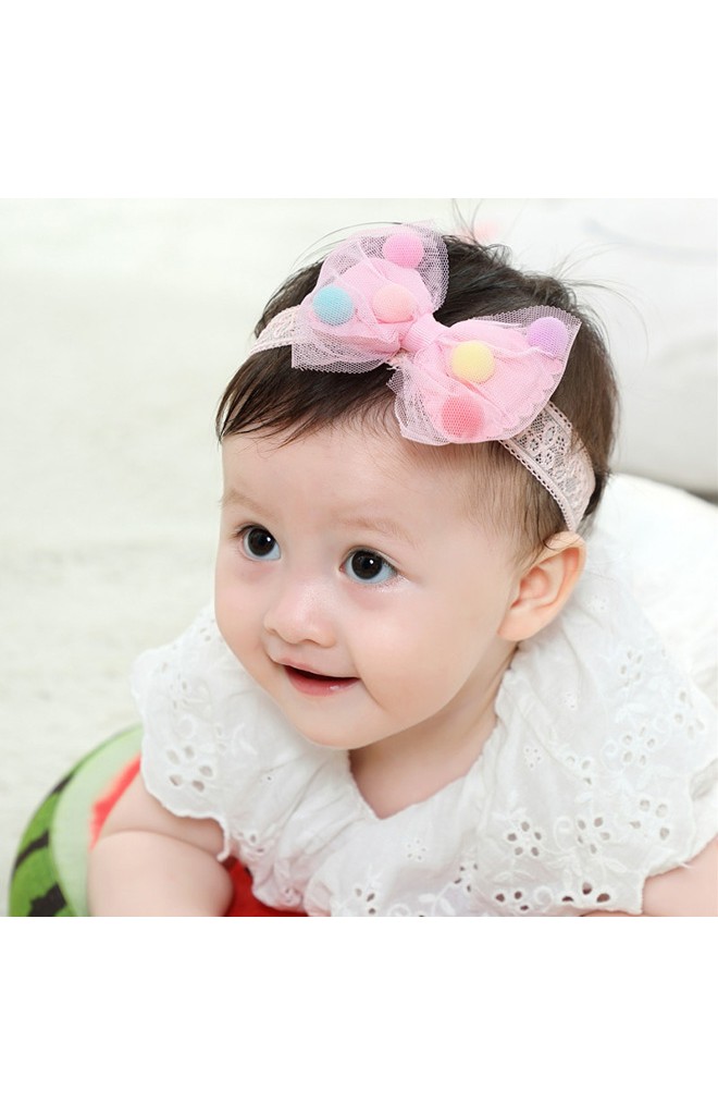 สายคาดผมโบว์แต่งลูกบอลหลากสี สายลูกไม้ยืด