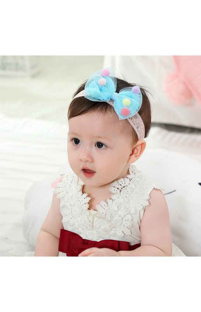 สายคาดผมโบว์แต่งลูกบอลหลากสี สายลูกไม้ยืด