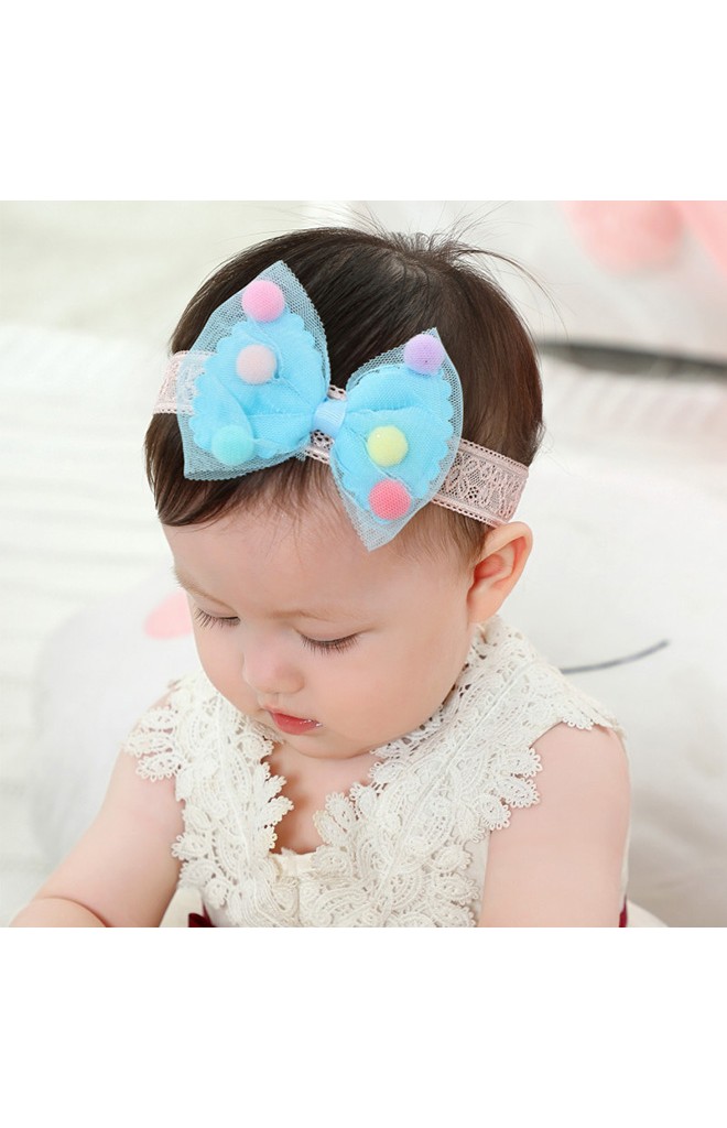 สายคาดผมโบว์แต่งลูกบอลหลากสี สายลูกไม้ยืด
