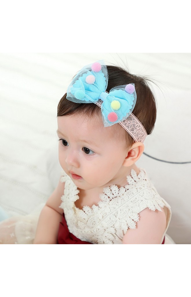 สายคาดผมโบว์แต่งลูกบอลหลากสี สายลูกไม้ยืด