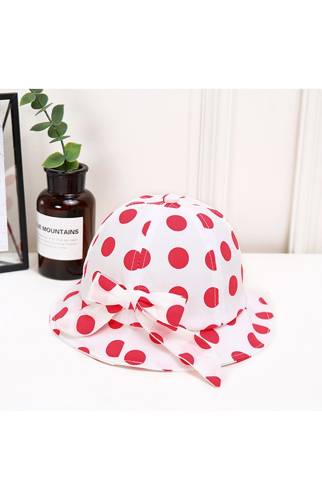 หมวก Bucket ลายจุดแต่งโบว์น่ารัก มีสายยืดคล้องใต้คาง KUKUJI