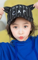 หมวกแก๊ปเด็กลายทางแต่งหู ด้านหน้าปัก THNKiG CAP  จาก KUKUJI