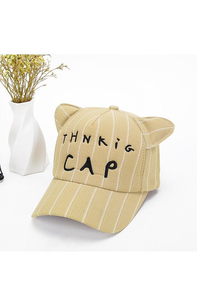 หมวกแก๊ปเด็กลายทางแต่งหู ด้านหน้าปัก THNKiG CAP จาก KUKUJI