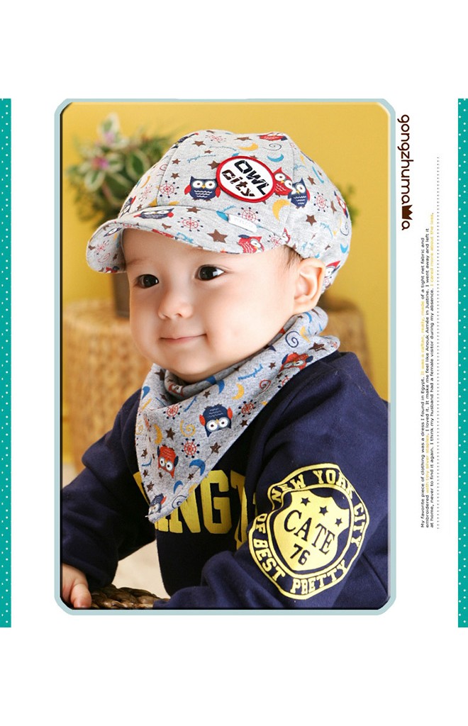 หมวกเด็กลายนกฮูก มาเป็นเซ็ตพร้อมผ้ากันเปื้อน
