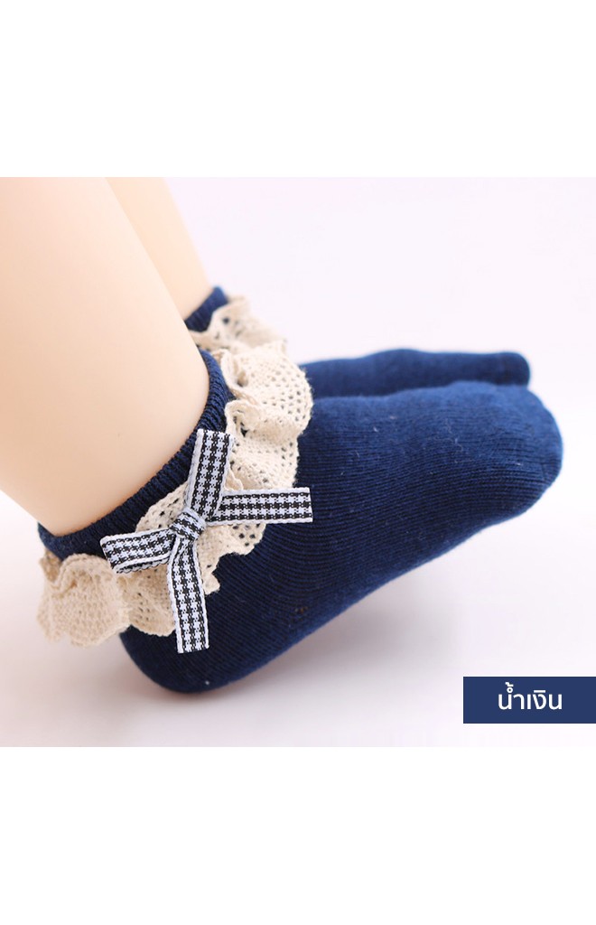 ถุงเท้าเด็กหญิงรอบระบายลูกไม้สีเบจคาดโบว์น้ำเงิน