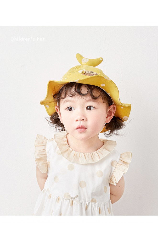 หมวกปีกรอบผ้าฝ้ายลายแมงกะพรุน ด้านบนแต่งหางปลานูน