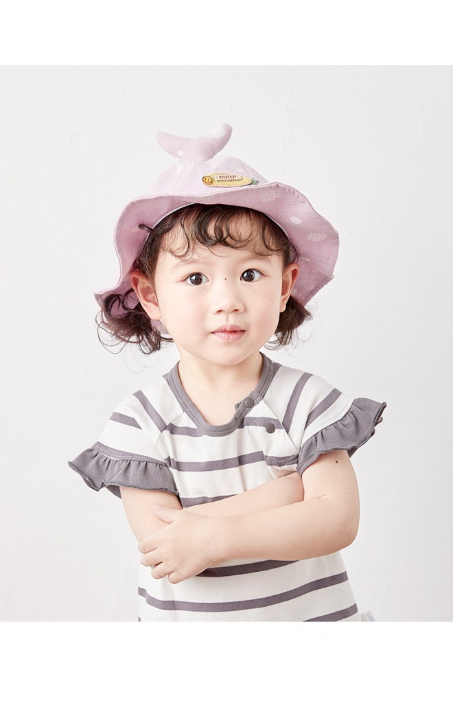 หมวกปีกรอบผ้าฝ้ายลายแมงกะพรุน ด้านบนแต่งหางปลานูน
