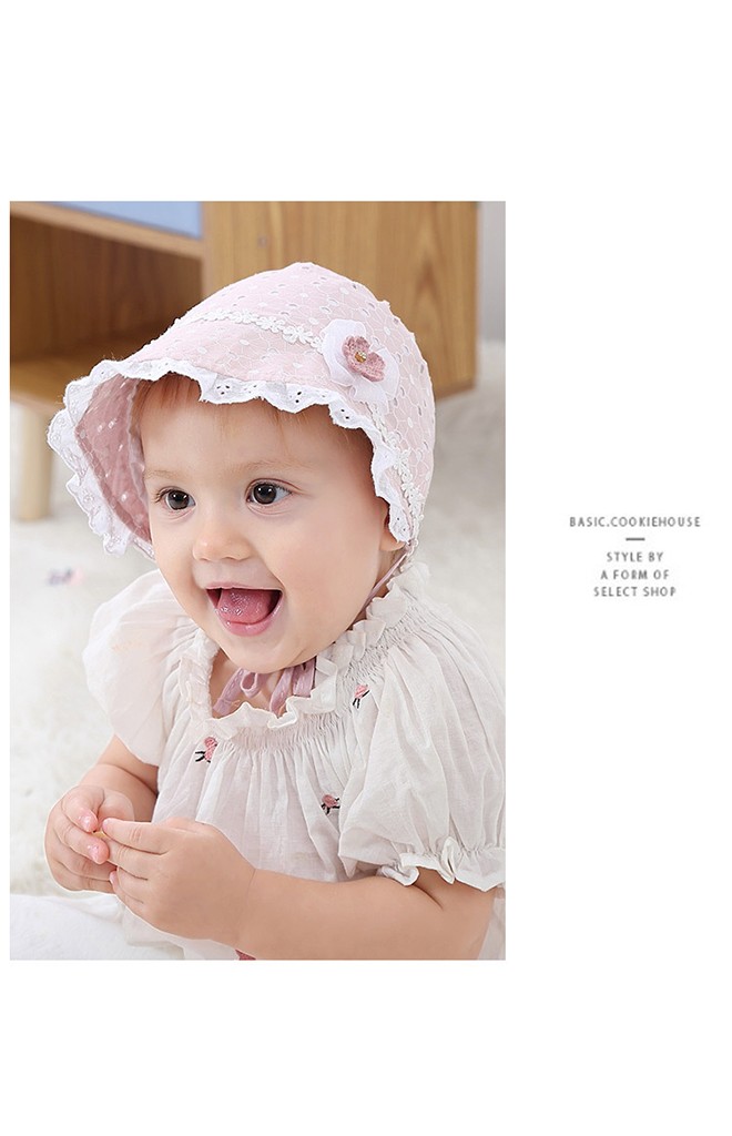 หมวกผูกคางสาวน้อยลายดอก แต่งดอกไม้น่ารัก