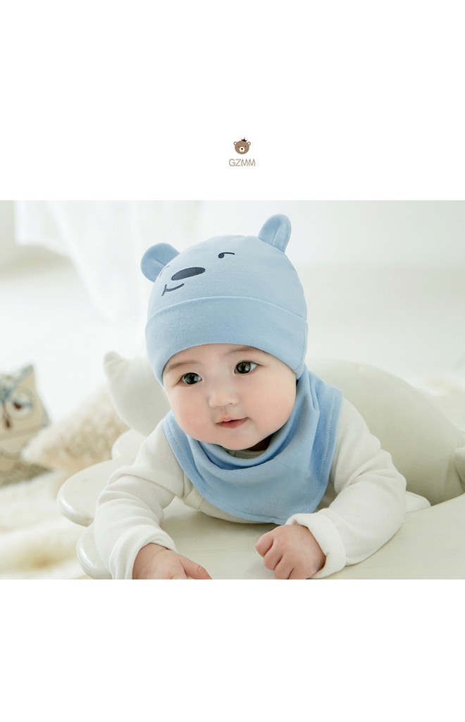 เซ็ตหมวกเด็กเล็กหมีน้อยน้อยน่ารักมาพร้อมผ้ากันเปื้อนแบบโค้ง