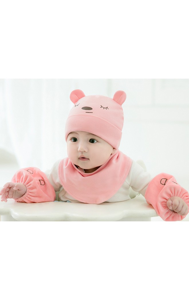 เซ็ตหมวกเด็กเล็กหมีน้อยน้อยน่ารักมาพร้อมผ้ากันเปื้อนแบบโค้ง
