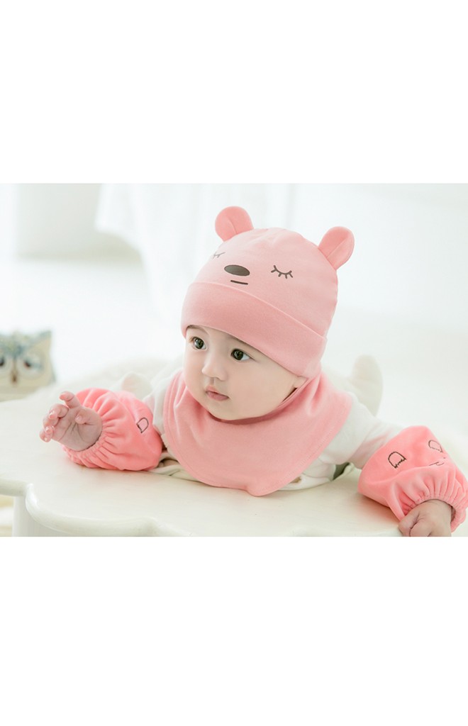 เซ็ตหมวกเด็กเล็กหมีน้อยน้อยน่ารักมาพร้อมผ้ากันเปื้อนแบบโค้ง