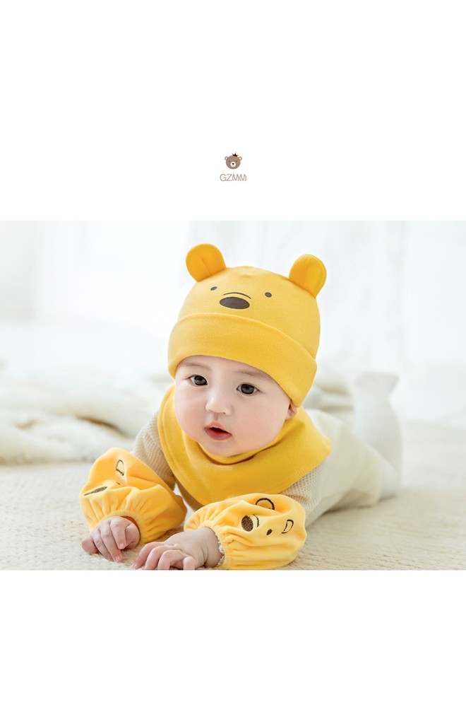 เซ็ตหมวกเด็กเล็กหมีน้อยน้อยน่ารักมาพร้อมผ้ากันเปื้อนแบบโค้ง