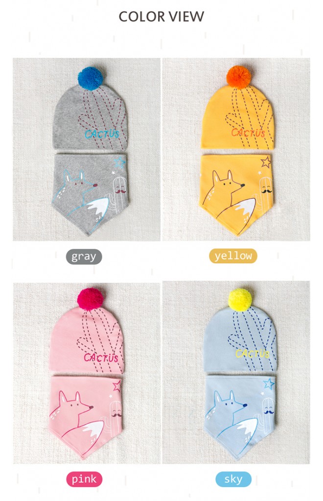 เซ็ตหมวกเด็กเล็กลาย CACTUS และจิ้งจอก พร้อมผ้ากันเปื้อน GZMM