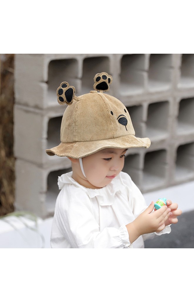 หมวกบักเก็ตหมีน้อยผ้าลูกฟูก ด้านบนแต่งเท้าหมี