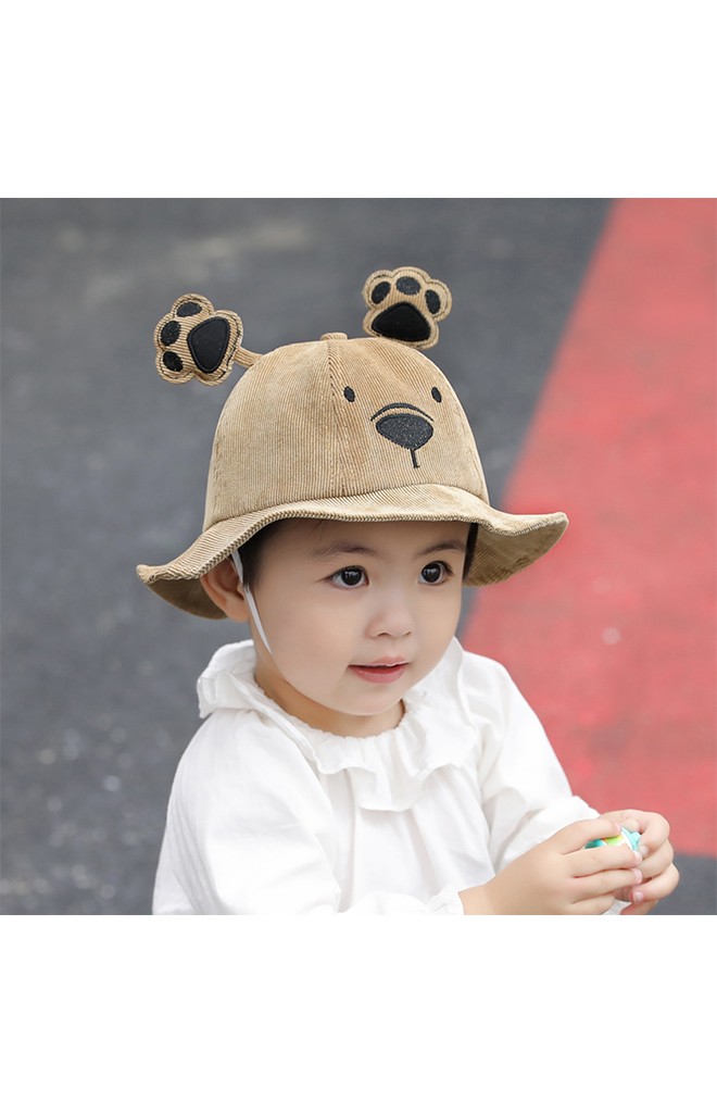 หมวกบักเก็ตหมีน้อยผ้าลูกฟูก ด้านบนแต่งเท้าหมี
