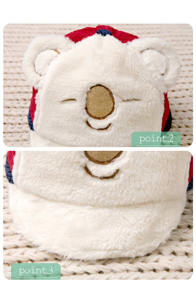 หมวกเด็ก 2 ทรง ด้านหน้าแก๊ปหน้าหมีขนฟู ด้านหลังบักเก็ตผ้าลูกฟูกปัก Bonjour