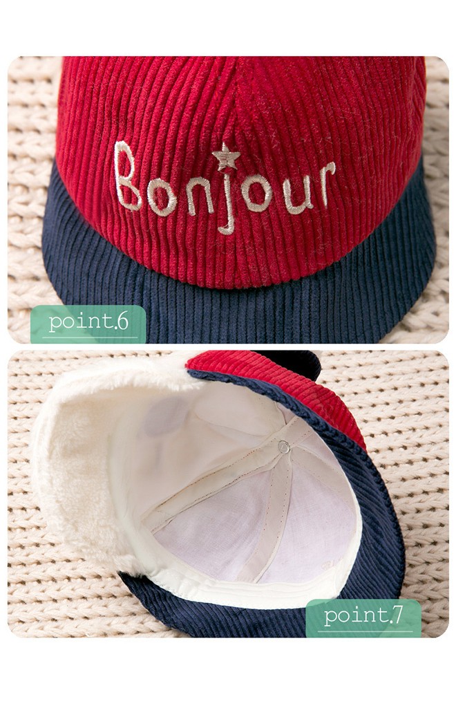 หมวกเด็ก 2 ทรง ด้านหน้าแก๊ปหน้าหมีขนฟู ด้านหลังบักเก็ตผ้าลูกฟูกปัก Bonjour