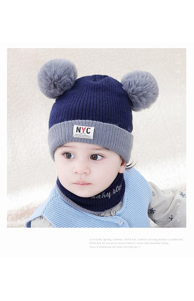 เซ็ตหมวกไหมพรมสีทูโทน แต่งป้ายอักษร NYC มาพร้อมผ้าสวมคอ
